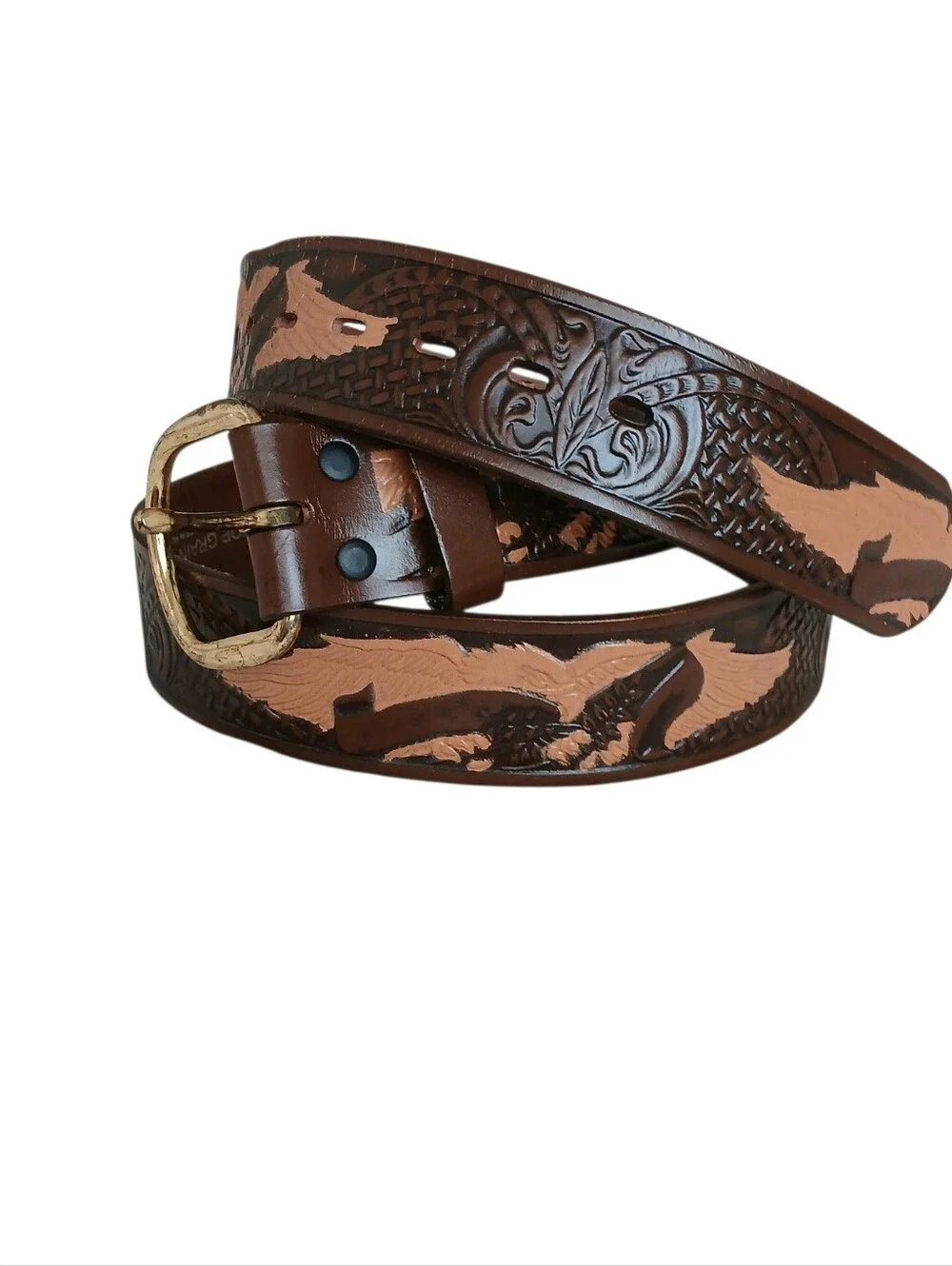 Top Grain Leather Tooled Eagle Western Belt Brass Buckle Men's 38 Brown Patriot